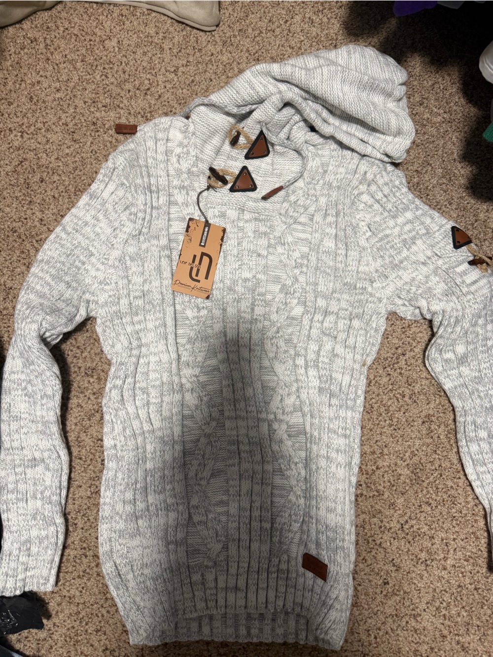 Leif Nelson  Light Gray Cable-Knit Cowl Neck Sweater